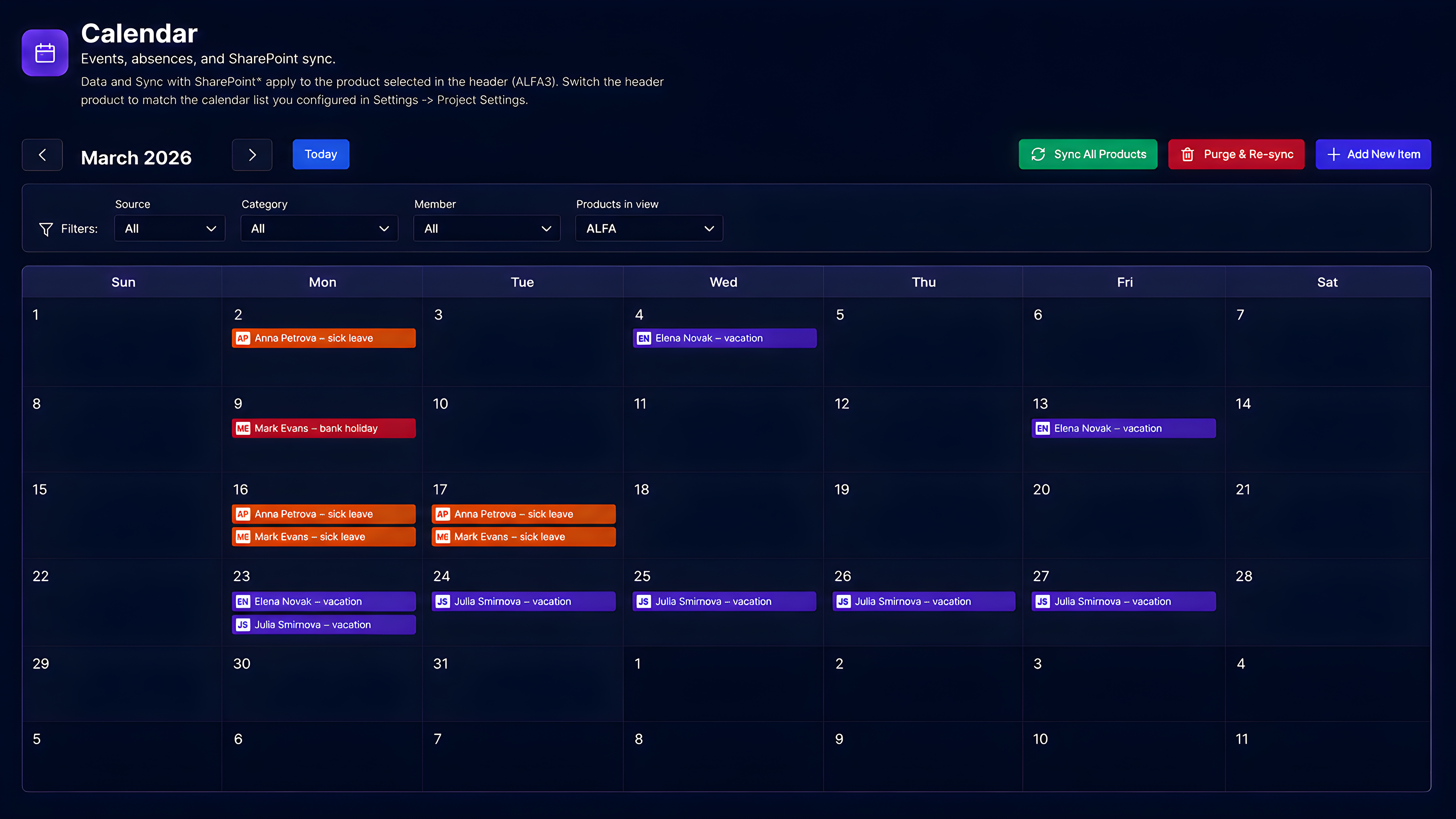 Relix capacity calendar with absences, holidays, and team events